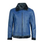 Men's Blue Shearling Leather Bomber Jacket