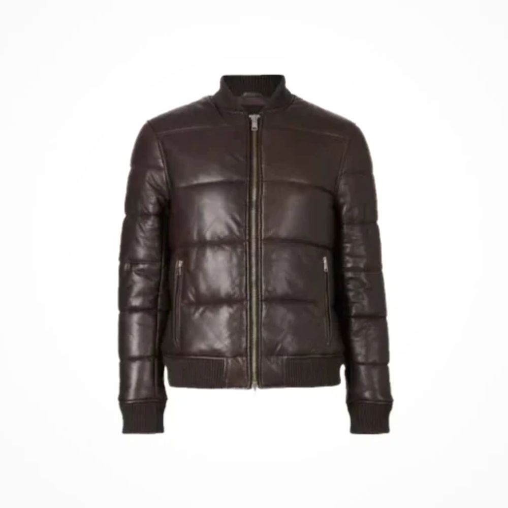 Men's Brown Leather Puffer Jacket