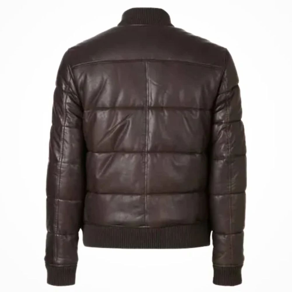 Men's Brown Leather Puffer Jacket