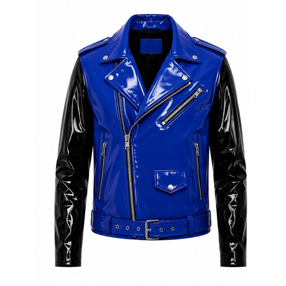 Blue and Black Patent Leather Biker Jacket