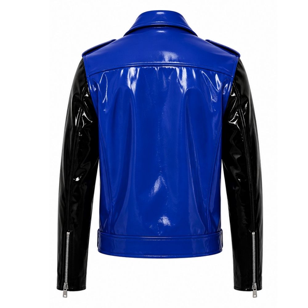 Blue and Black Patent Leather Biker Jacket