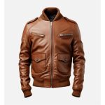 Brown Strap Pocket-Style Leather Bomber Jacket