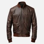 Coffee Brown Leather Bomber Jacket