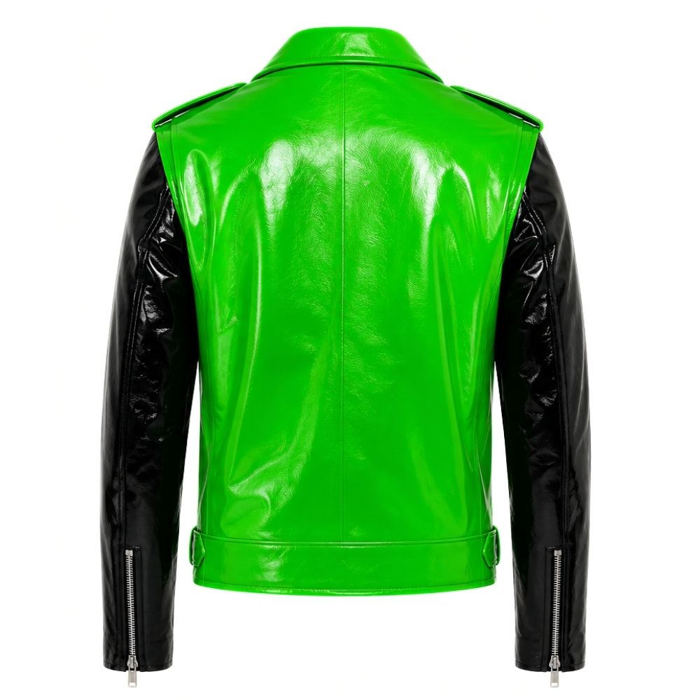 Green and Black Patent Leather Biker Jacket