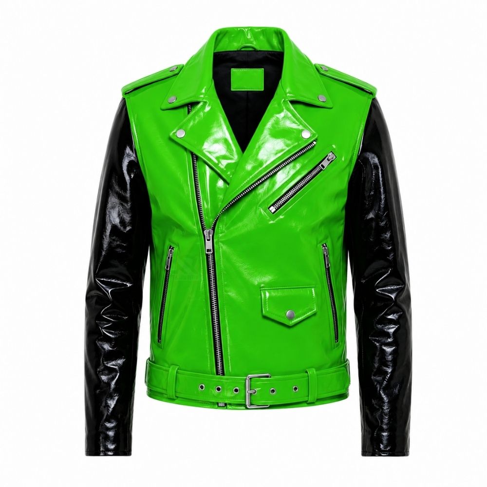 Green and Black Patent Leather Biker Jacket