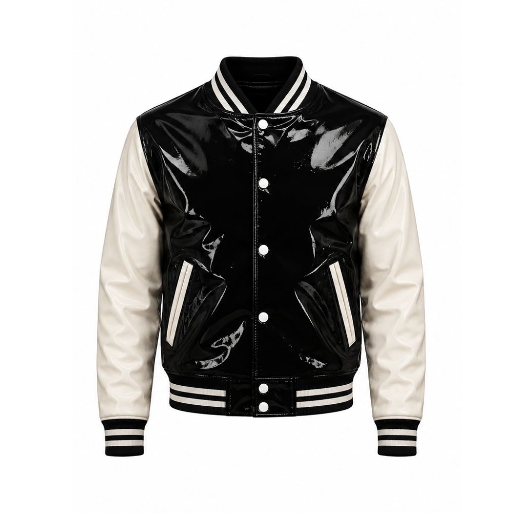 Premium Black and White Patent Leather Varsity Jacket