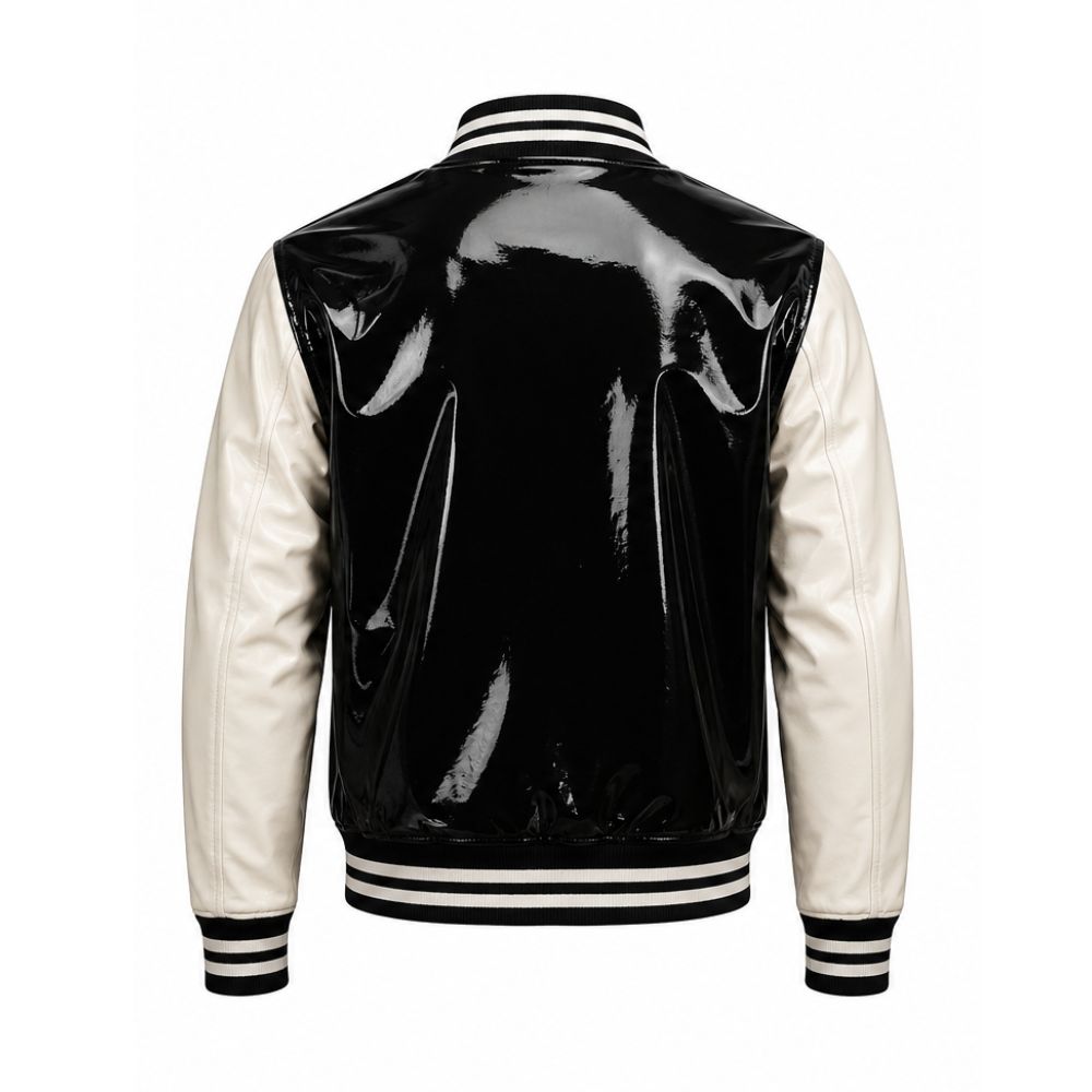 Premium Black and White Patent Leather Varsity Jacket