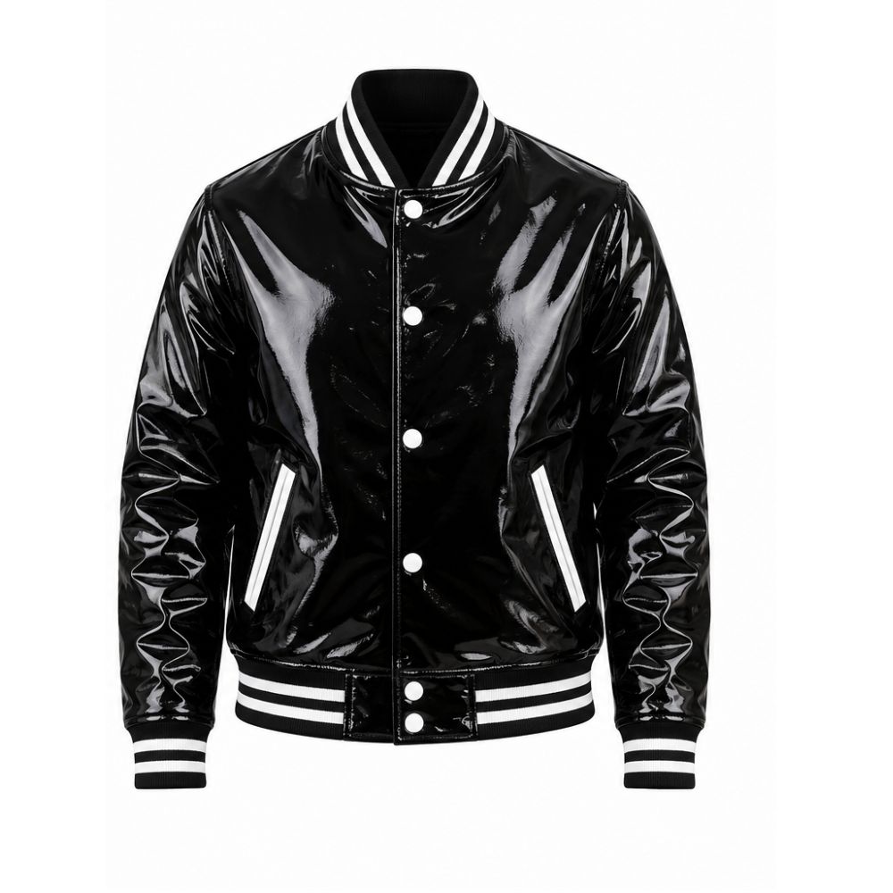 Premium Black Patent Leather Varsity Jacket