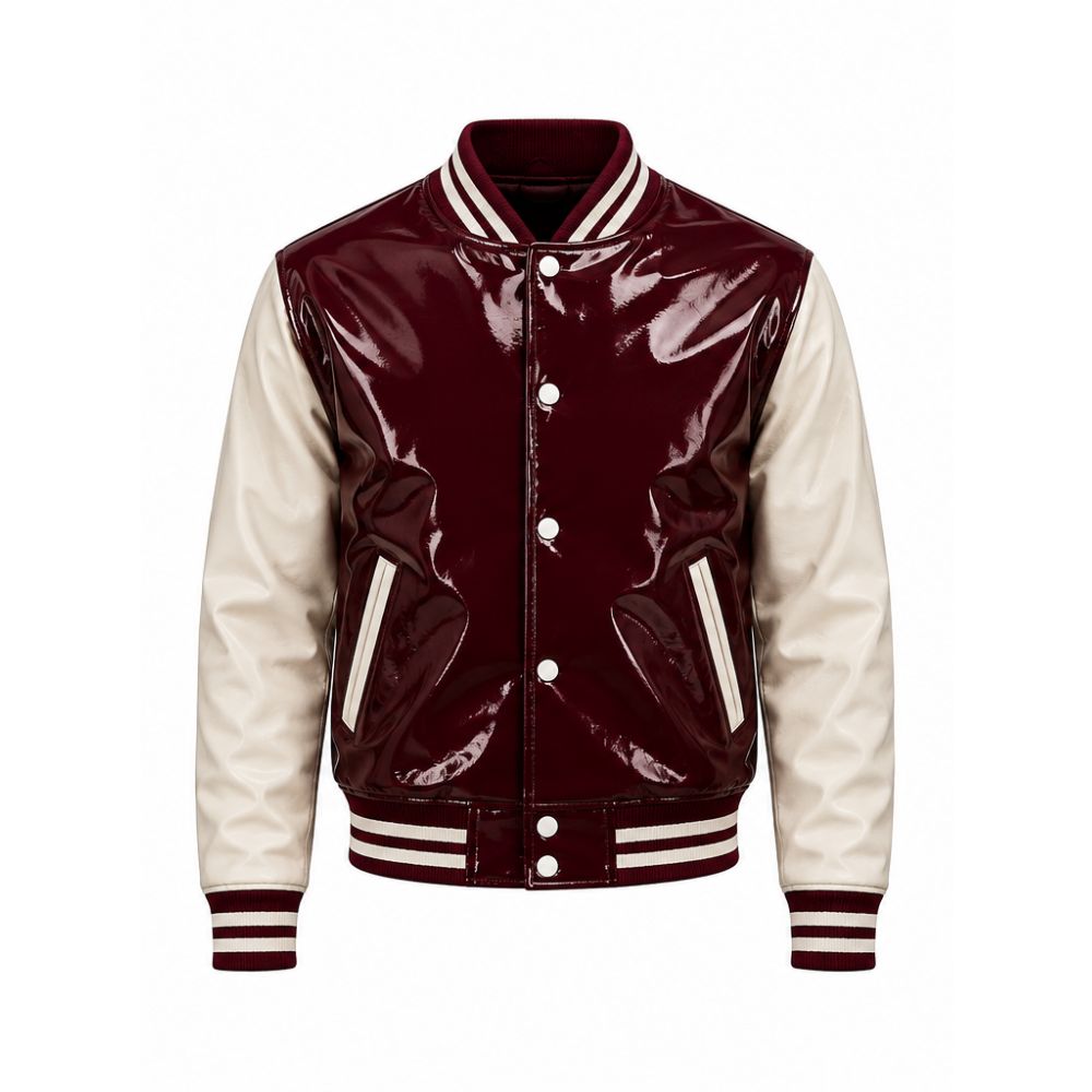 Premium Maroon Patent Leather Varsity Jacket