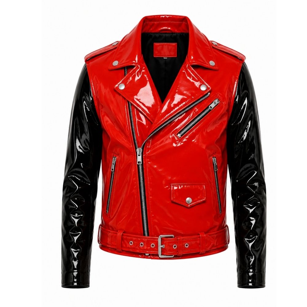 Red and Black Patent Leather Biker Jacket