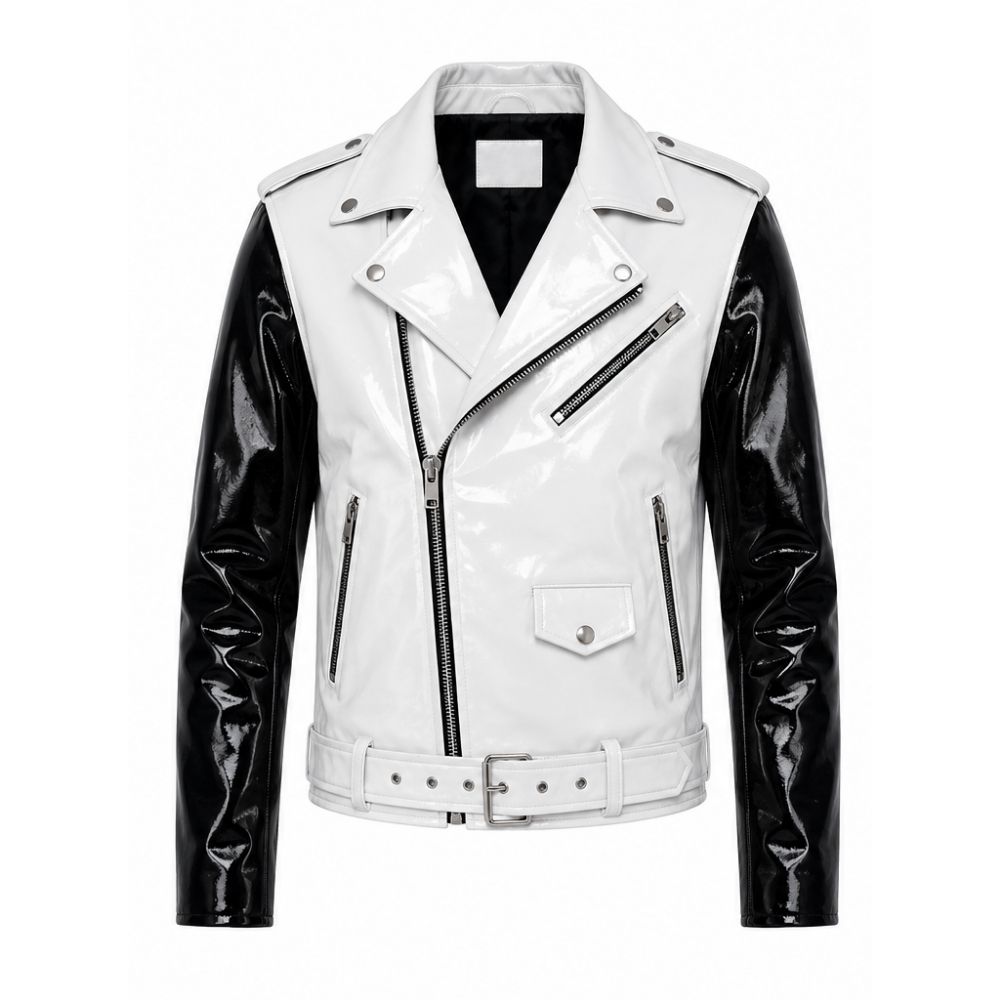 White and Black Patent Leather Biker Jacket
