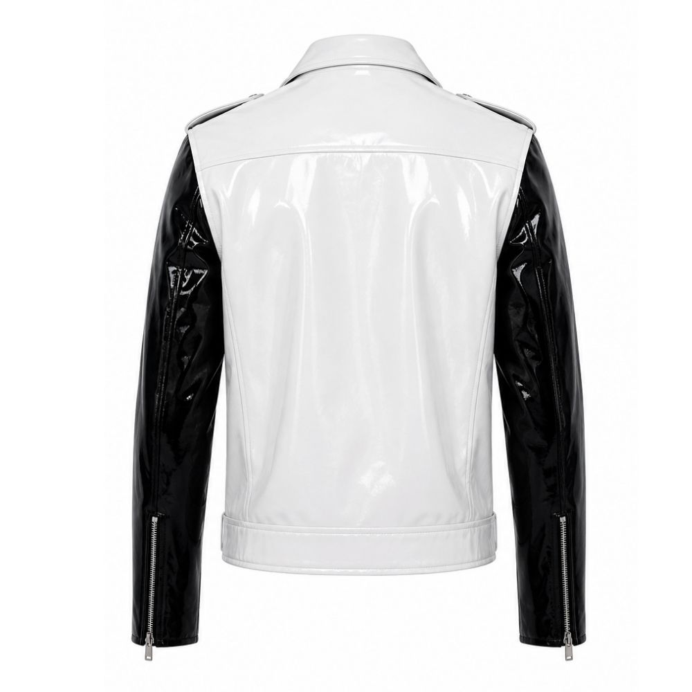 White and Black Patent Leather Biker Jacket