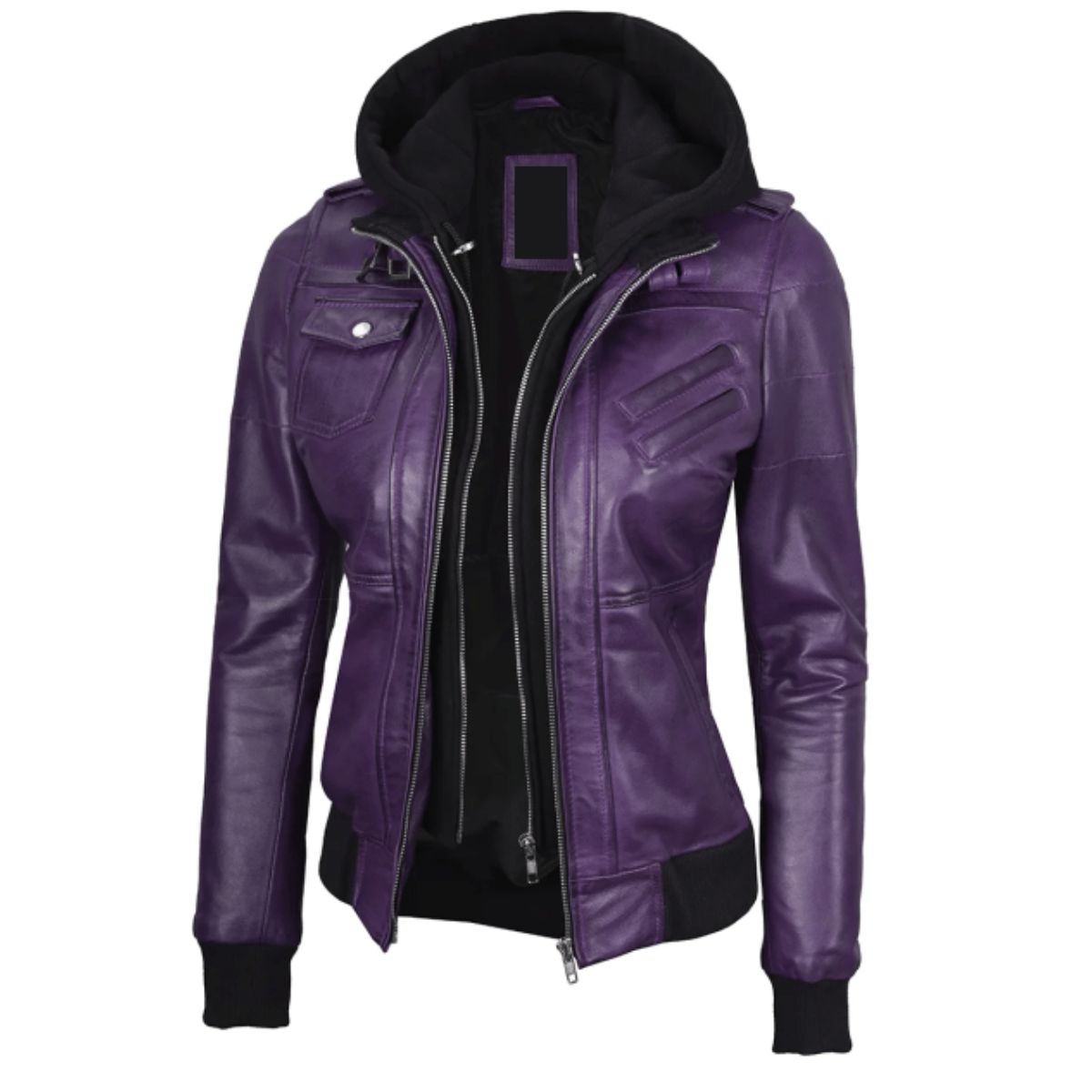 Womens Purple Leather Jacket With Removable Hood | RLJ