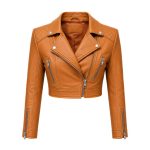 Women’s Tan Cropped Biker Leather Jacket