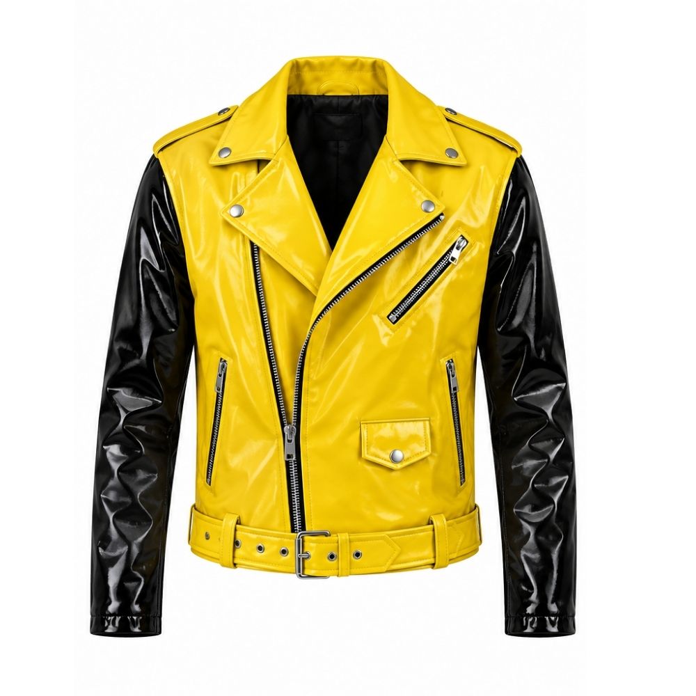 Yellow and Black Patent Leather Biker Jacket