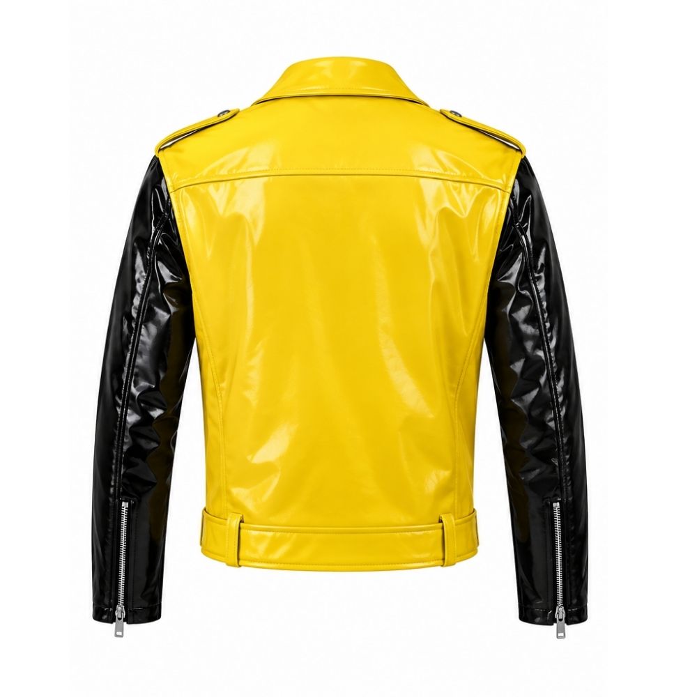 Yellow and Black Patent Leather Biker Jacket